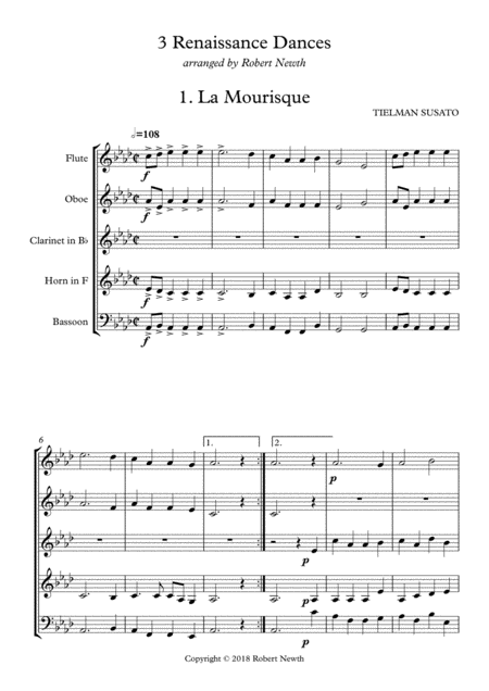 3 Renaissance Dances For Wind Quintet Sheet Music