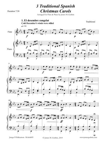 3 Traditional Spanish Christmas Carols For Flute Piano Sheet Music