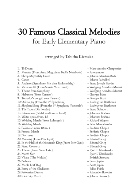 30 Famous Classical Melodies Early Elementary Piano Sheet Music