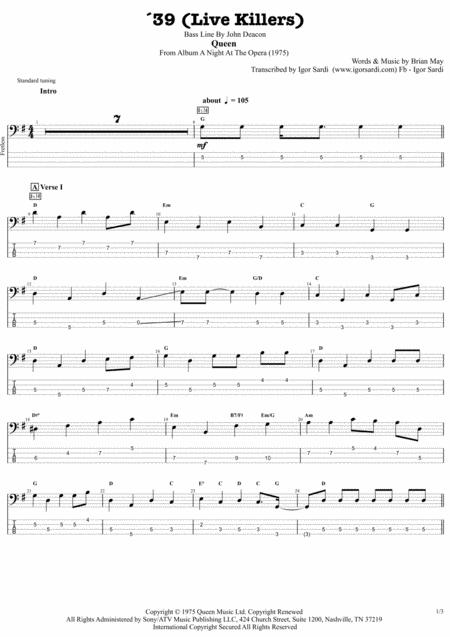 Free Sheet Music 39 Live Killers Queen John Deacon Complete And Accurate Bass Transcription Whit Tab