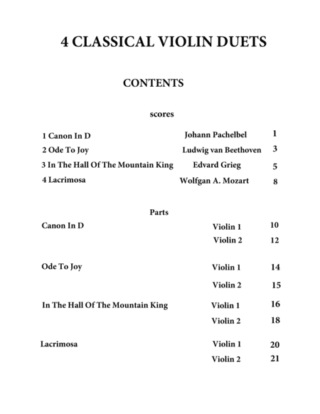 4 Classical Pieces For Violin Duet Intermediate Level Sheet Music