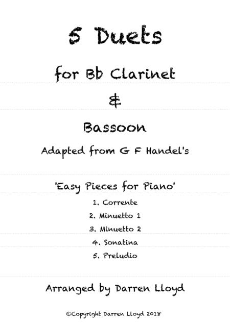 5 Duets Adapted From Handels Easy Piano Piecs For Bb Clarinet Bassoon Sheet Music