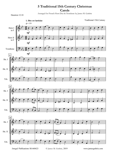 5 Traditional 15th Century Christmas Carols For French Horn Duo Trombone Sheet Music