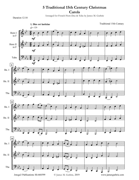 5 Traditional 15th Century Christmas Carols For French Horn Duo Tuba Sheet Music