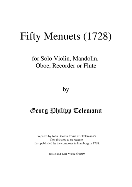 50 Menuets 1728 For Solo Violin Mandolin Oboe Recorder Or Flute Sheet Music