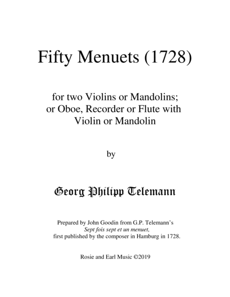 Free Sheet Music 50 Menuets 1728 For Two Violins Or Mandolins Or Oboe Recorder Or Flute With Mandolin Or Violin