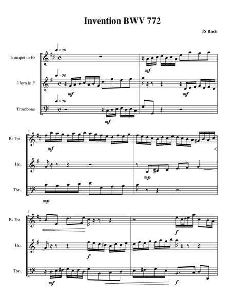 6 Bach Inventions For Brass Trio Sheet Music