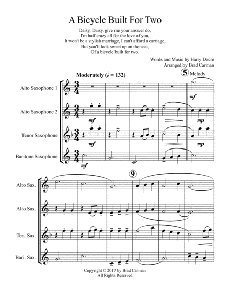 Free Sheet Music A Bicycle Built For Two For Saxophone Quartet