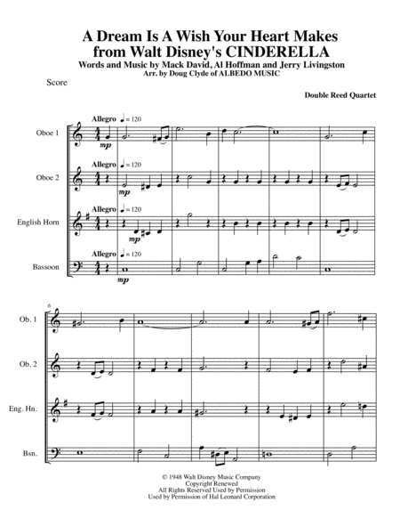 Free Sheet Music A Dream Is A Wish Your Heart Makes From Walt Disneys Cinderella For Double Reed Quartet