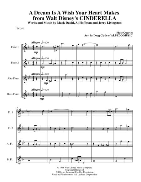 A Dream Is A Wish Your Heart Makes From Walt Disneys Cinderella For Flute Quartet Sheet Music