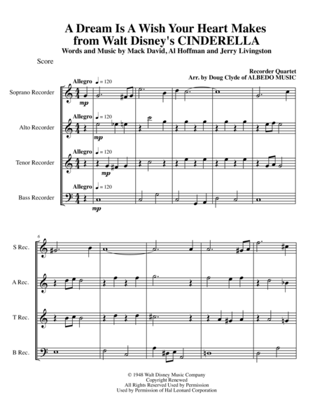 A Dream Is A Wish Your Heart Makes From Walt Disneys Cinderella For Recorder Quartet Sheet Music