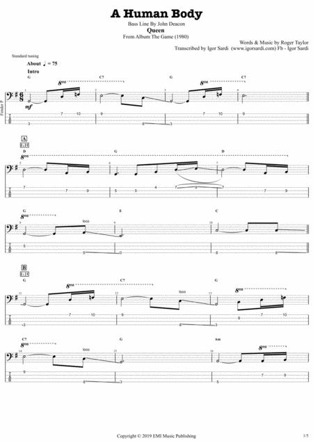 A Human Body Queen John Deacon Complete And Accurate Bass Transcription Whit Tab Sheet Music