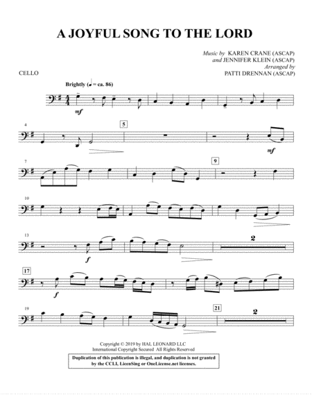 Free Sheet Music A Joyful Song To The Lord Arr Patti Drennan Cello