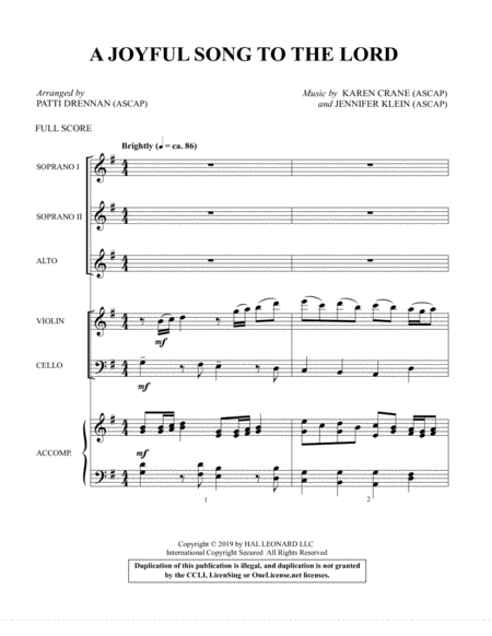 A Joyful Song To The Lord Arr Patti Drennan Score For Ssa Sheet Music