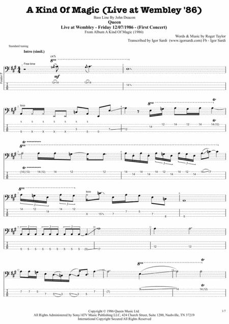 Free Sheet Music A Kind Of Magic Live At Wembley 86 Queen John Deacon Complete And Accurate Bass Transcription Whit Tab