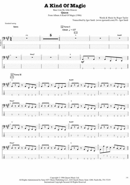 A Kind Of Magic Queen John Deacon Complete And Accurate Bass Transcription Whit Tab Sheet Music