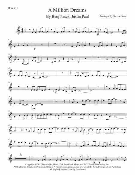 A Million Dreams Easy Key Of C Horn In F Sheet Music