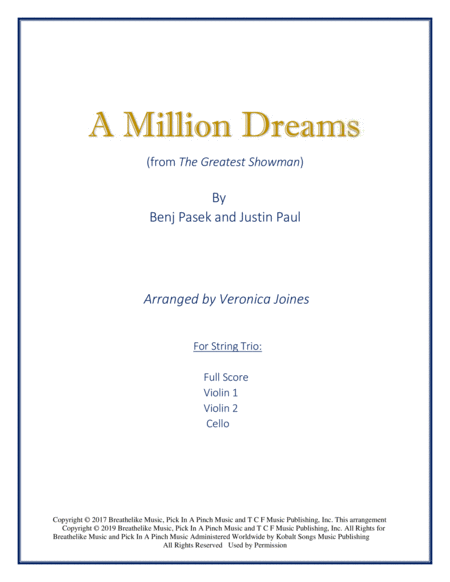 A Million Dreams For String Trio Violin 1 Violin 2 Cello Sheet Music