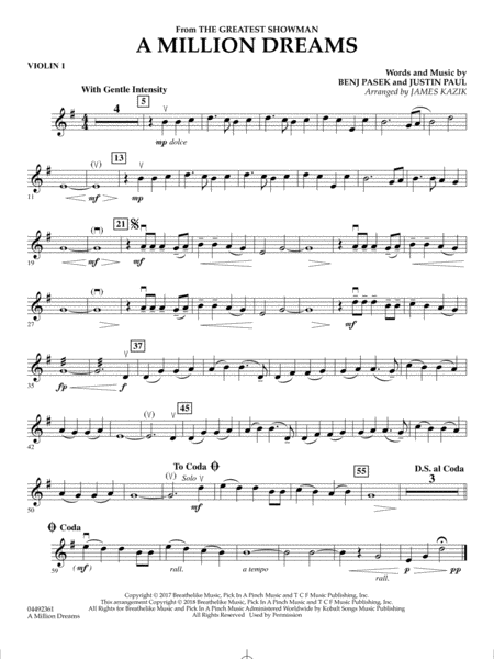 Free Sheet Music A Million Dreams From The Greatest Showman Arr James Kazik Violin 1