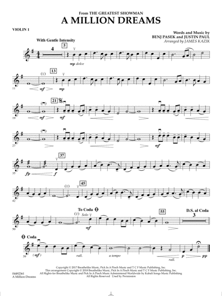 A Million Dreams From The Greatest Showman Arr James Kazik Violin 1 Sheet Music