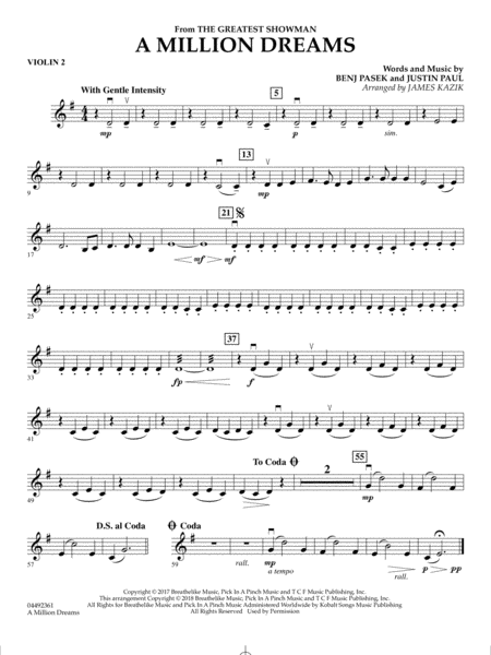 A Million Dreams From The Greatest Showman Arr James Kazik Violin 2 Sheet Music