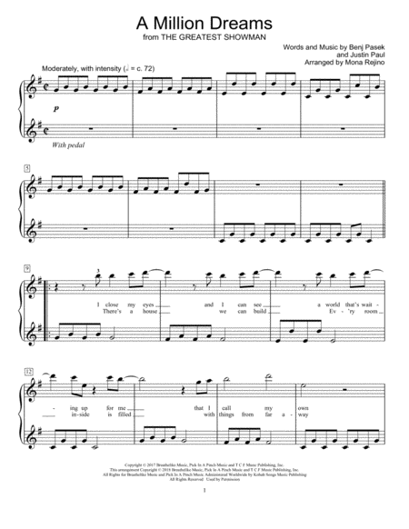 Free Sheet Music A Million Dreams From The Greatest Showman Arr Mona Rejino