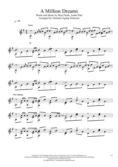 A Million Dreams Solo Guitar Score Sheet Music