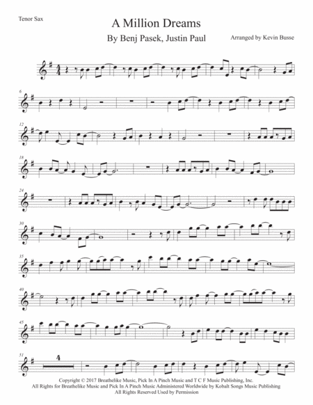 Free Sheet Music A Million Dreams Tenor Sax