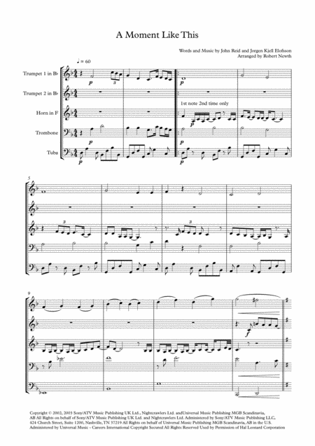 Free Sheet Music A Moment Like This For Brass Quintet