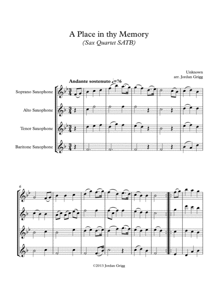 A Place In Thy Memory Sax Quartet Satb Sheet Music