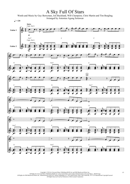 A Sky Full Of Stars Duet Guitar Score Sheet Music