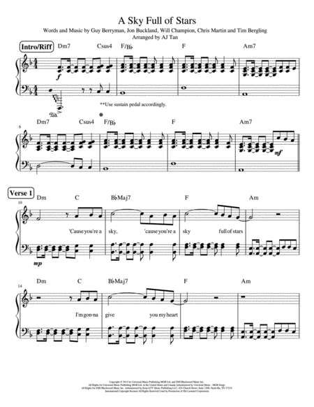 Free Sheet Music A Sky Full Of Stars In Fmajor Dminor Piano Version