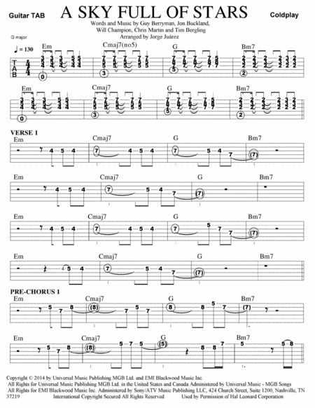 Free Sheet Music A Sky Full Of Stars Instrumental Guitar Tab G Major