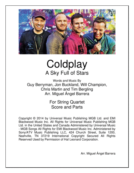 Free Sheet Music A Sky Full Of Stars String Quartet Coldplay