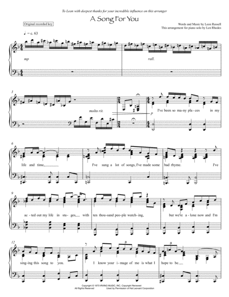 Free Sheet Music A Song For You Leon Russell Piano Solo