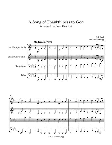Free Sheet Music A Song Of Thankfulness To God Arranged For Brass Quartet