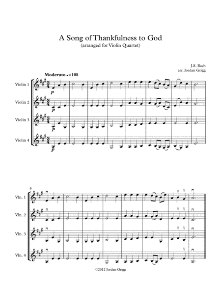 A Song Of Thankfulness To God Arranged For Violin Quartet Sheet Music