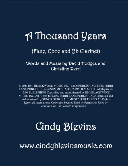 A Thousand Years Arranged For Flute Oboe And Bb Clarinet Sheet Music