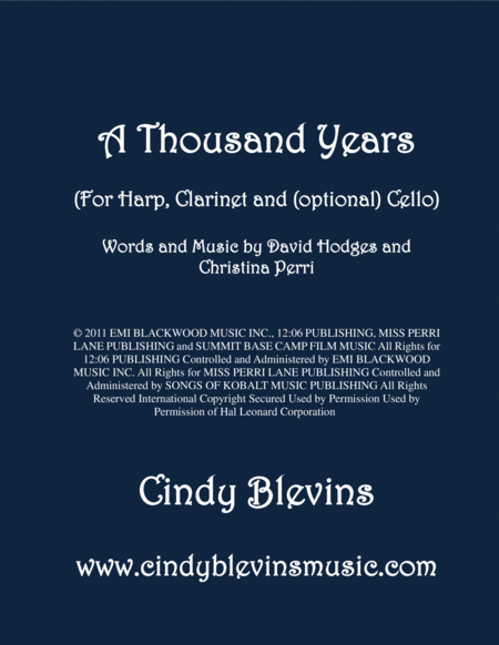Free Sheet Music A Thousand Years Arranged For Harp Clarinet And Optional Cello