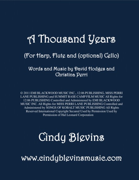 A Thousand Years Arranged For Harp Flute And Optional Cello Sheet Music