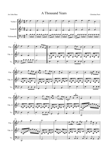 A Thousand Years By Christina Perri Arranged For String Trio 2 X Violins Cello Sheet Music