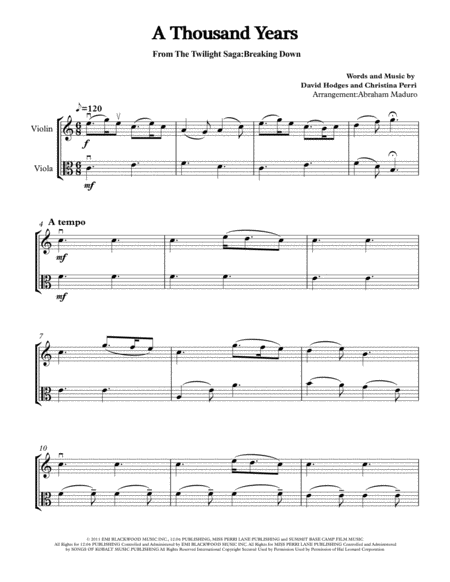 A Thousand Years By Christina Perri Violin And Viola Duet Sheet Music