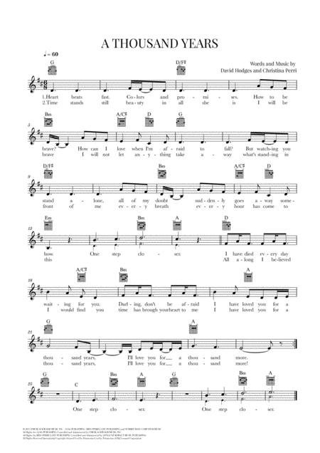 A Thousand Years Christina Perri Guitar Lead Sheet D Major Sheet Music