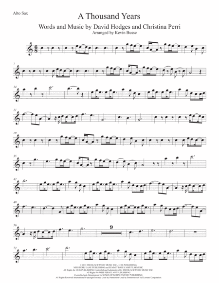 A Thousand Years Easy Key Of C Alto Sax Sheet Music