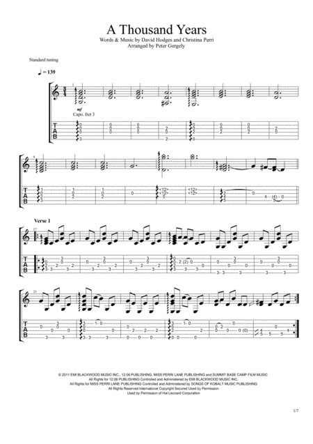 Free Sheet Music A Thousand Years Fingerstyle Guitar