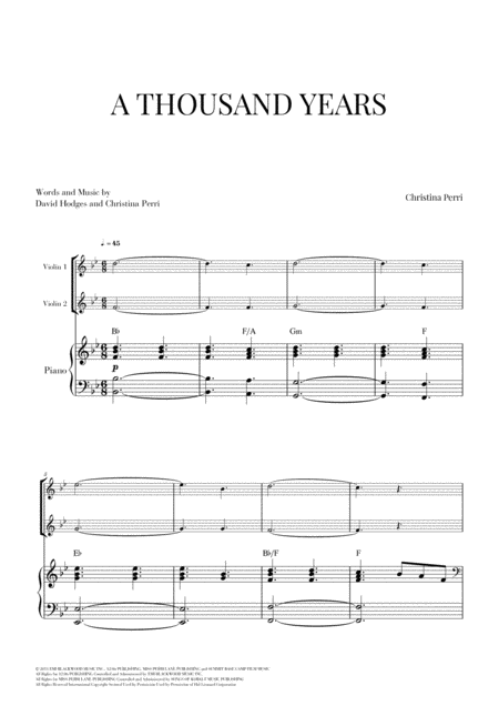 A Thousand Years For 2 Violins And Piano Sheet Music