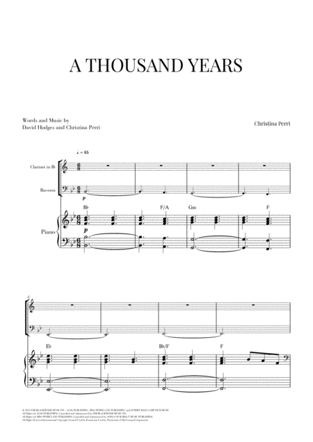 Free Sheet Music A Thousand Years For Clarinet Bassoon And Piano
