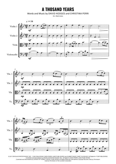 A Thousand Years For String Quartet Sheet Music