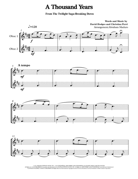 A Thousand Years From Twilight Saga Oboe Duet Sheet Music