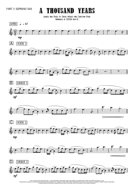 A Thousand Years Saxophone Quartet Sheet Music